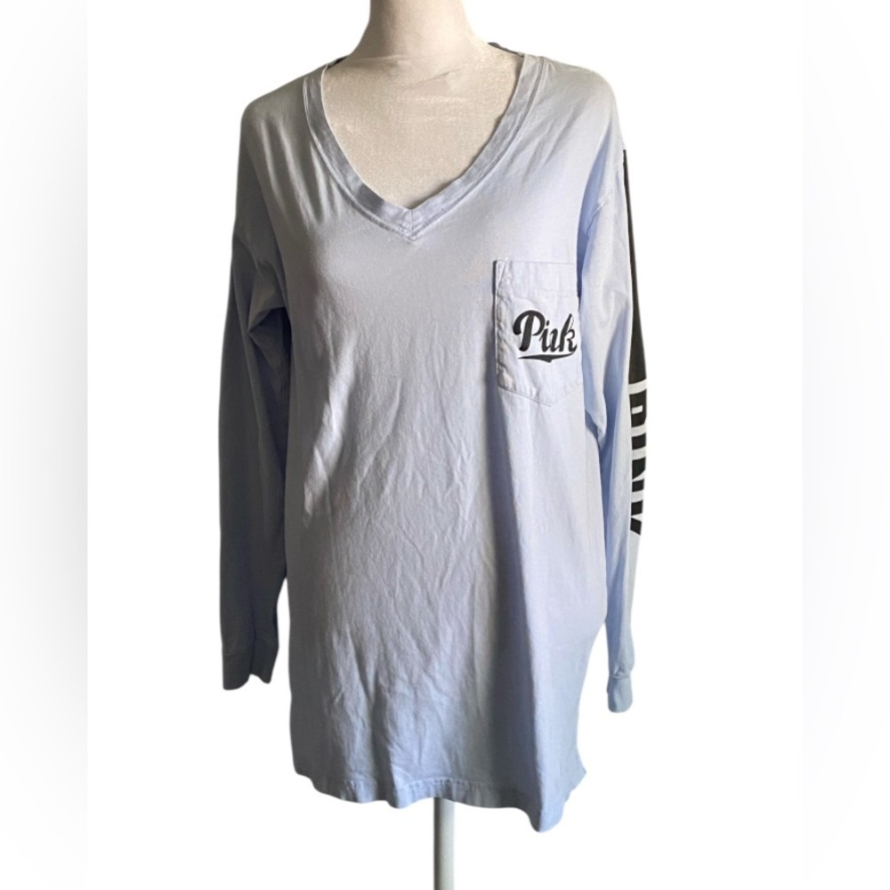 Victoria Secret pink sweatshirt size XS baby blue stretch leather sleeves